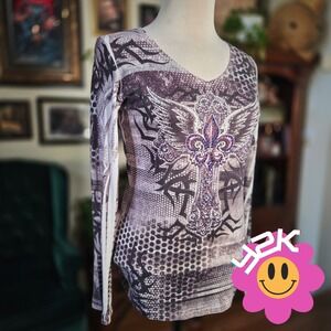 Urban X Shirt Long Sleeve Vintage Y2K Womens Large Fleur De Lis Cross Rhinestone